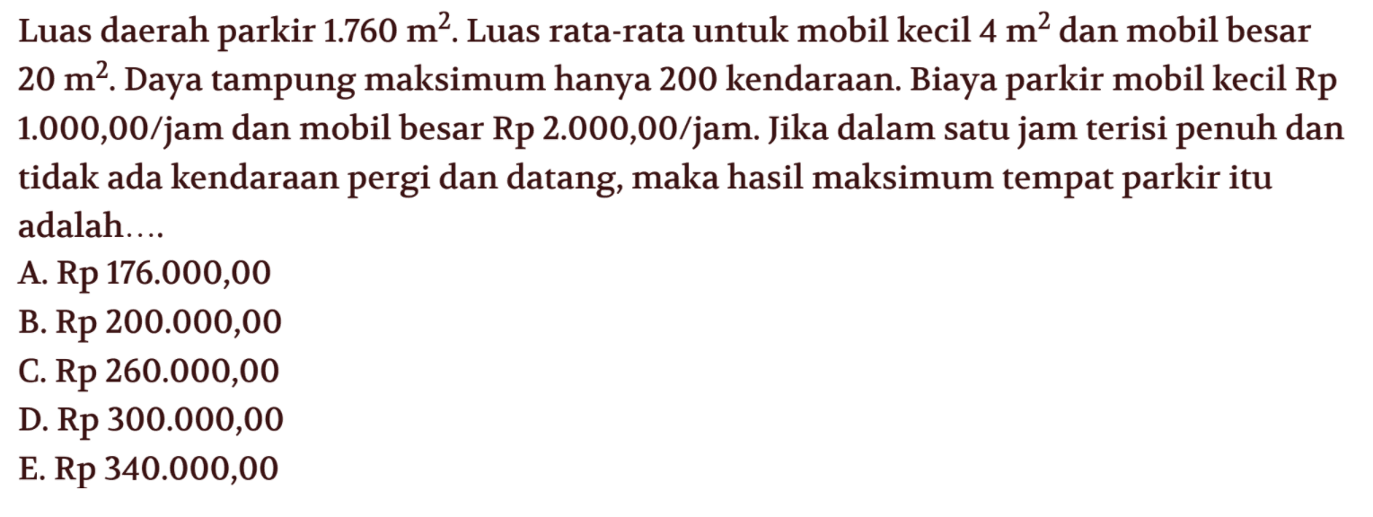 Luas daerah parkir 1.760 m^2. Luas rata-rata untuk mobil kecil 4 m^2 dan mobil besar 20 m^2. Daya tampung maksimum hanya 200 kendaraan. Biaya parkir mobil kecil Rp 1.000,00/jam dan mobil besar Rp 2.000,00/jam. Jika dalam satu jam terisi penuh dan tidak ada kendaraan pergi dan datang, maka hasil maksimum tempat parkir itu adalah ....