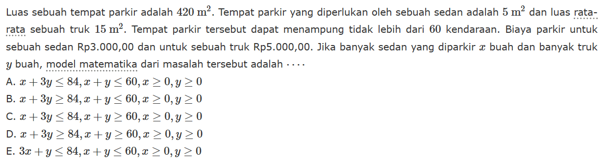 Luas sebuah tempat parkir adalah 420 m^2. Tempat parkir yang diperlukan oleh sebuah sedan adalah 5 m^2 dan luas rata- rata sebuah truk 15 m^2. Tempat parkir tersebut dapat menampung tidak lebih dari 60 kendaraan. Biaya parkir untuk sebuah sedan Rp3.000,00 dan untuk sebuah truk Rp5.000,00. Jika banyak sedan yang diparkir x buah dan banyak truk y buah, model matematika dari masalah tersebut adalah . . . .