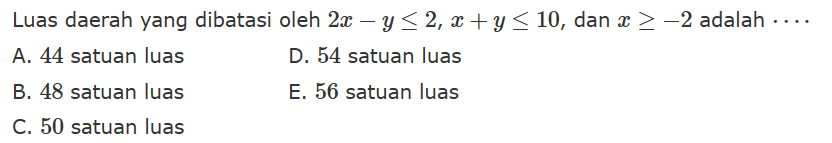 Luas daerah yang dibatasi oleh 2x-y<=2, x+y<=10, dan x>=-2 adalah....