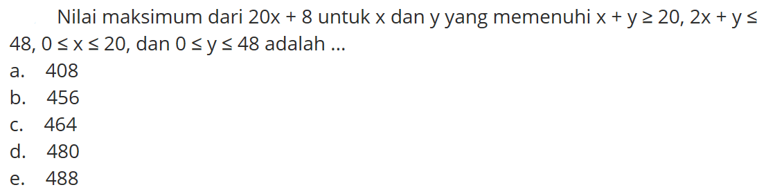 Nilai maksimum dari 20x+8 untuk x dan y yang memenuhi x+y>=20, 2x+y<=48, 0<=x<=20, dan 0<=y<=48 adalah ...