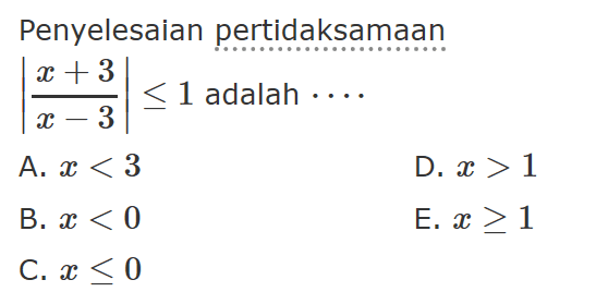 Penyelesaian pertidaksamaan |(x+3)/(x-3)|<1 adalah . . . .