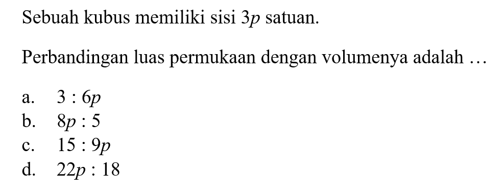 Sebuah kubus memiliki sisi 3p satuan. Perbandingan luas permukaan dengan volumenya adalah 