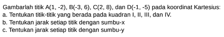 Gambarlah titik A(1, -2), B(-3, 6), C(2,8) , dan D(-1, -5) pada koordinat Kartesius: a. Tentukan titik-titik yang berada pada kuadran I, Il, Ill, dan IV b. Tentukan jarak setiap titik dengan sumbu-x c. Tentukan jarak setiap titik dengan sumbu-y