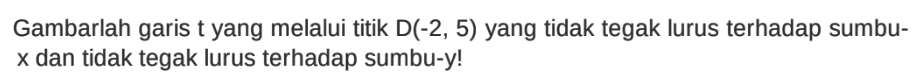 Gambarlah garis t yang melalui titik D(-2, 5) yang tidak tegak lurus terhadap sumbu-x dan tidak tegak lurus terhadap sumbu-y!