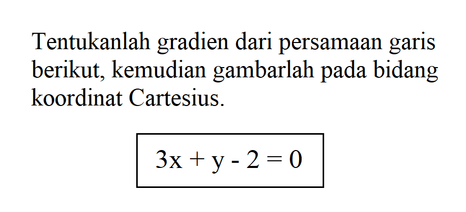 Tentukanlah gradien dari persamaan garis berikut; kemudian gambarlah pada bidang koordinat Cartesius. 3x + y - 2 = 0