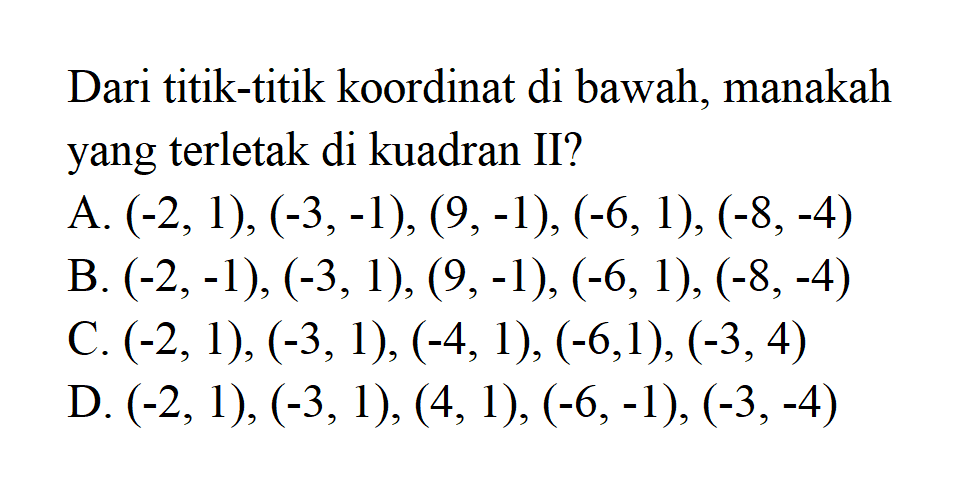 Dari titik-titik koordinat di bawah, manakah yang terletak di kuadran II?