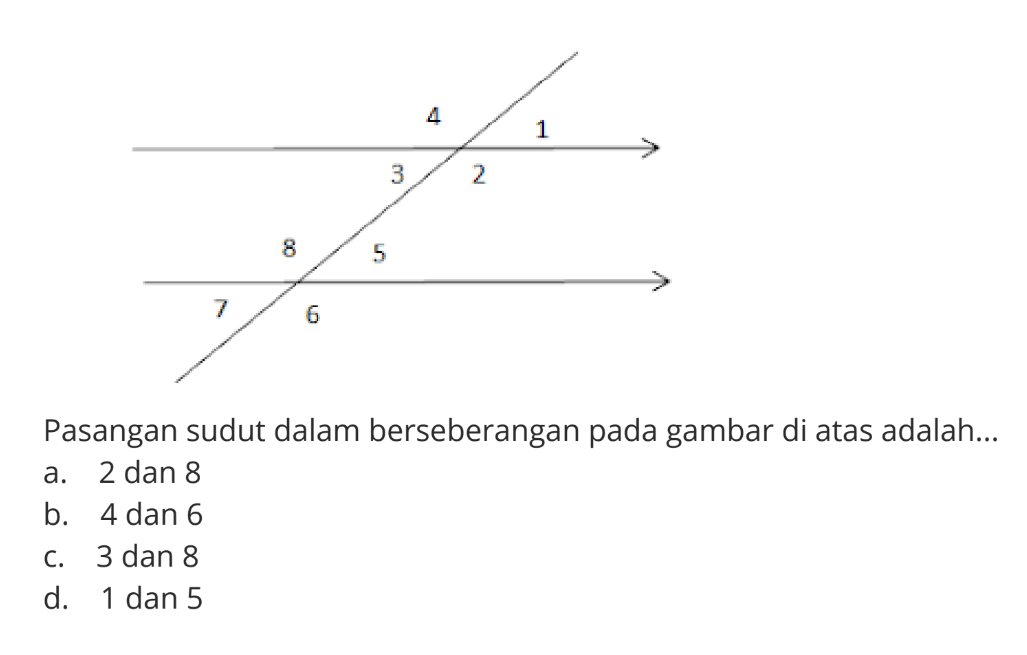 Pasangan sudut dalam berseberangan pada gambar di atas adalah... 41 3 2 8 5 7 6