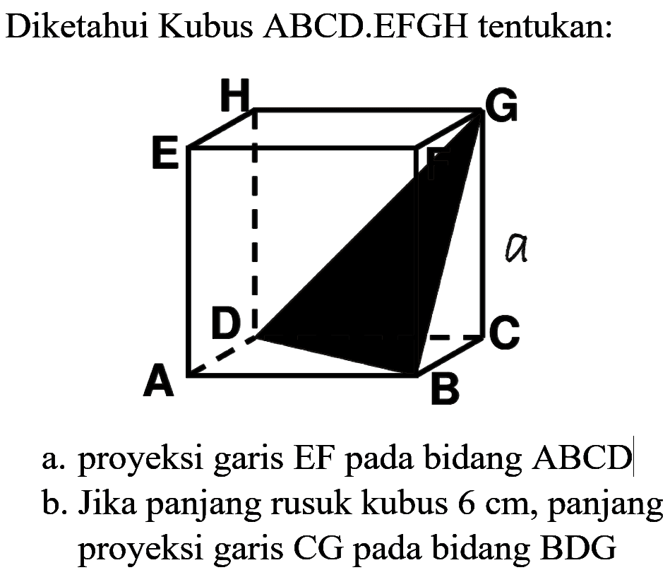 Diketahui Kubus ABCD.EFGH tentukan: a. proyeksi  garis EF pada bidang ABCD b. Jika panjang rusuk kubus 6 cm, panjang proyeksi garis CG pada bidang BDG.