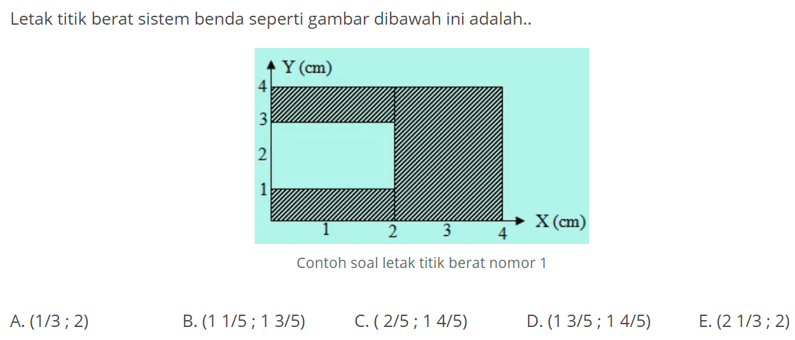 Letak titik berat sistem benda seperti gambar dibawah ini adalah... Y (cm) 4 3 2 1 1 2 3 4 X(cm) Contoh soal letak titik berat nomor 1