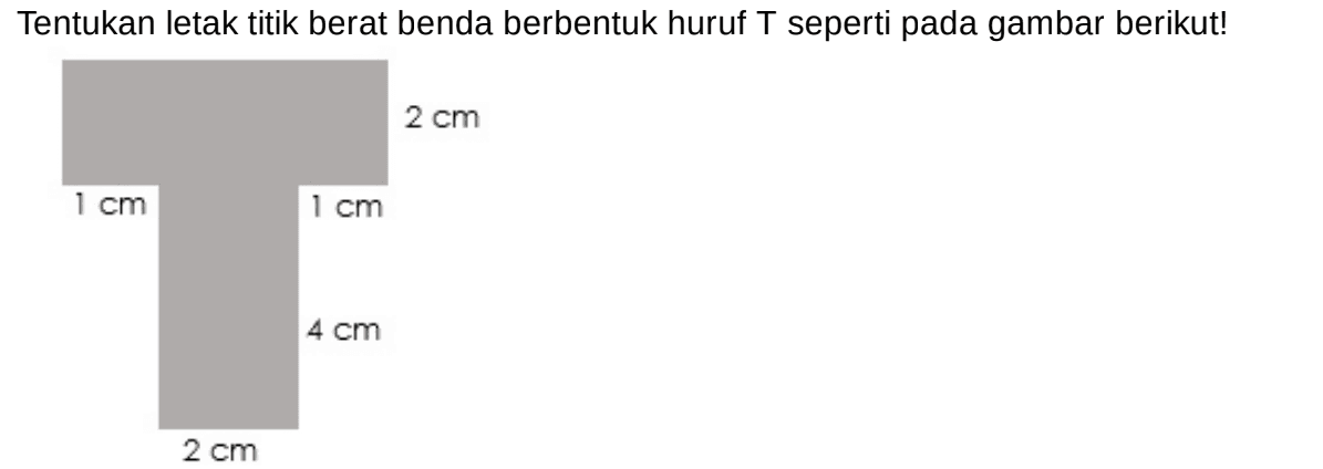 Tentukan letak titik berat benda berbentuk huruf T seperti pada gambar berikut! 2 cm 1 cm 1 cm 4 cm 2 cm