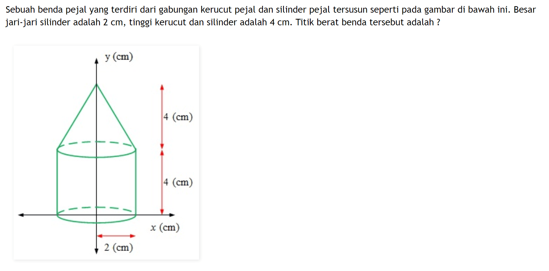 Sebuah benda pejal yang terdiri dari gabungan kerucut pejal dan silinder pejal tersusun seperti pada gambar di bawah ini. Besar jari-jari silinder adalah 2 cm, tinggi kerucut dan silinder adalah 4 cm. Titik berat benda tersebut adalah ? y (cm) 4 (cm) 4 (cm) x (cm) 2 (cm)