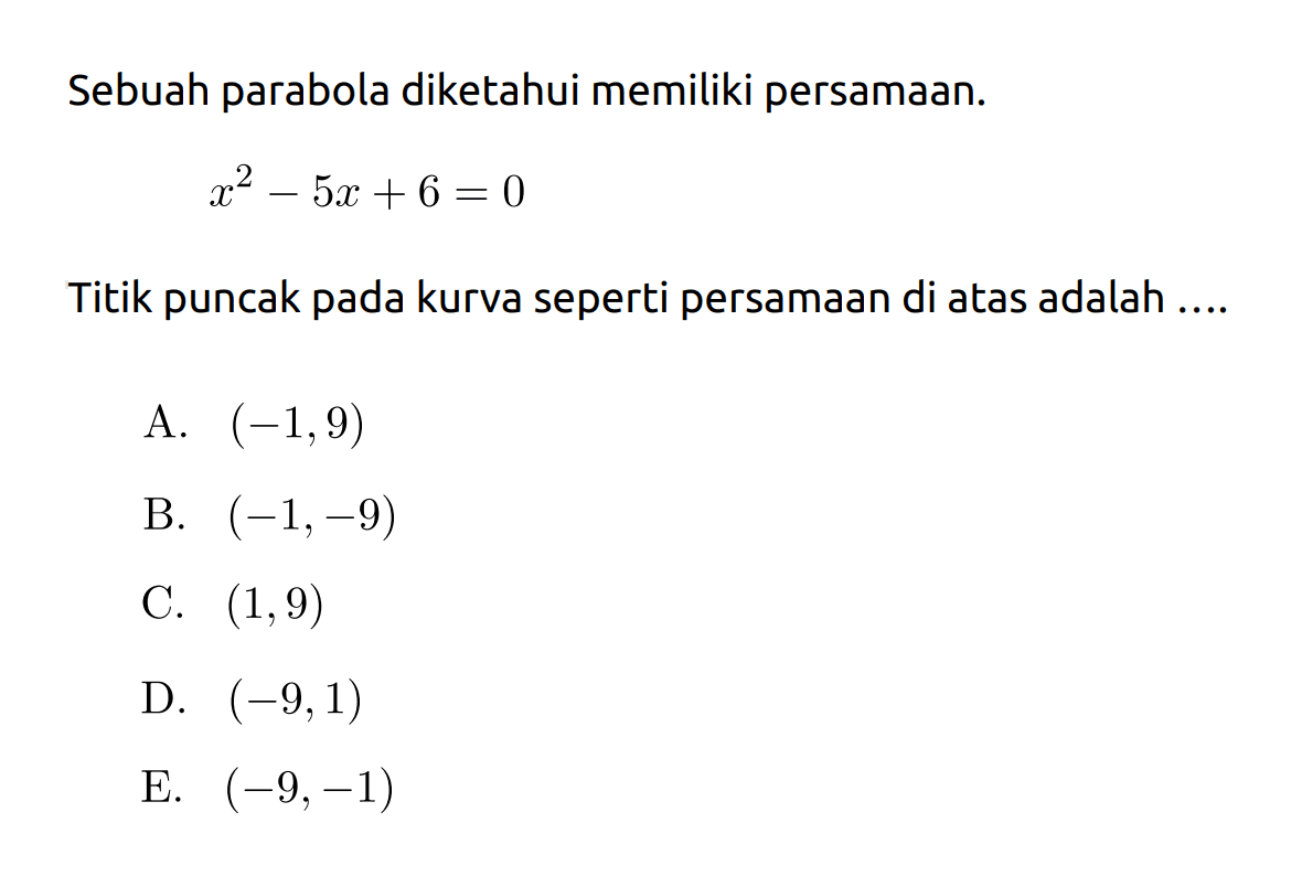 Sebuah parabola diketahui memiliki persamaan. x^2 - 5x + 6 = 0 Titik puncak pada kurva seperti persamaan di atas adalah ....