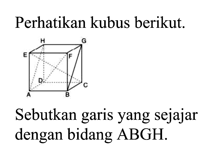 Perhatikan kubus berikut. Sebutkan garis  yang sejajar dengan bidang ABGH.