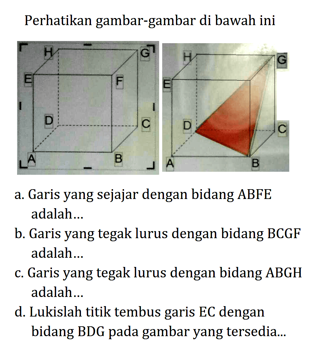 Perhatikan gambar-gambar di bawah ini a. Garis yang sejajar dengan bidang ABFE adalah ... b. Garis yang tegak lurus dengan bidang BCGF adalah ... c. Garis yang tegak lurus dengan bidang ABGH adalah ... d. Lukislah titik tembus garis EC dengan bidang BDG pada gambar yang tersedia ...