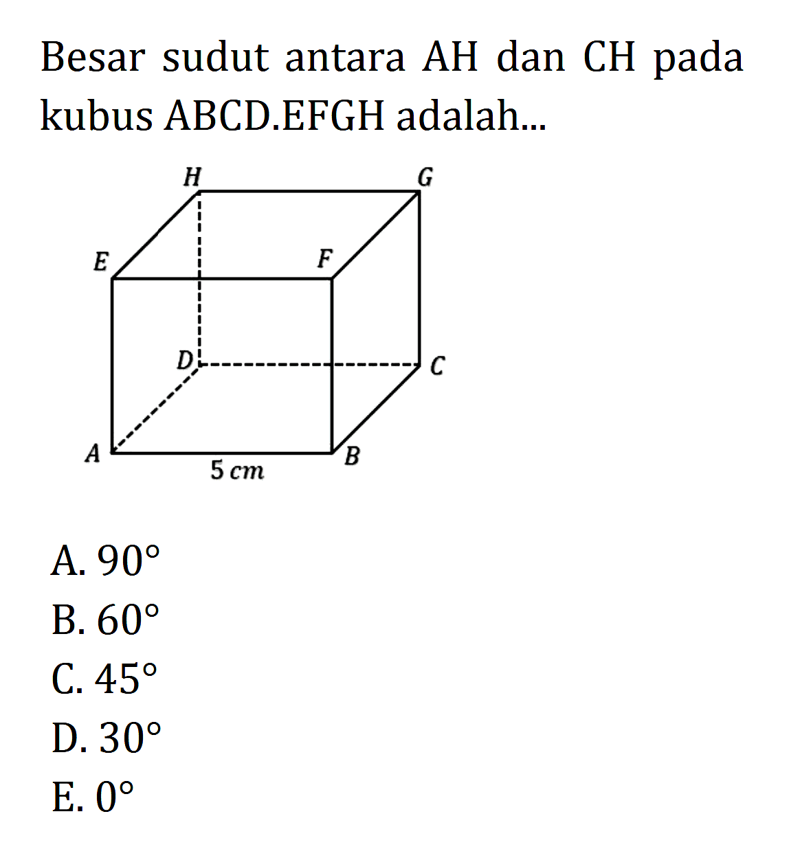 Besar sudut antara AH dan CH pada kubus ABCD.EFGH adalah...