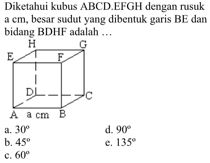 Diketahui kubus ABCD.EFGH dengan rusuk a cm, besar sudut yang dibentuk garis BE dan bidang BDHF adalah....