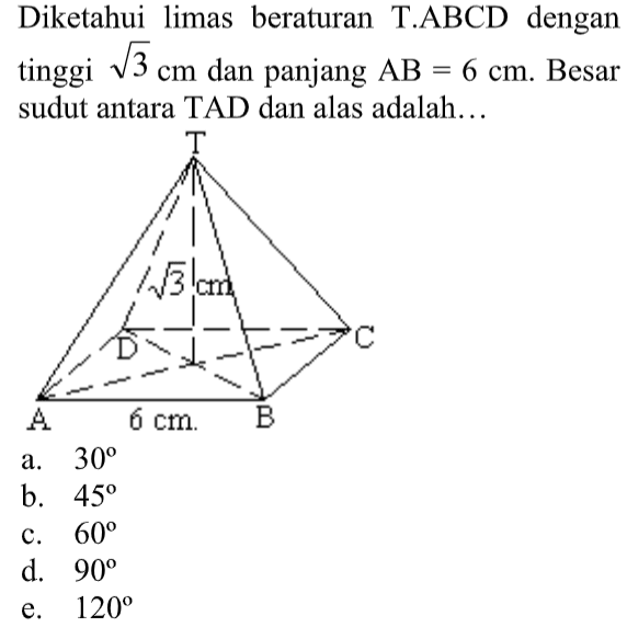 Diketahui limas beraturan TABCD dengan tinggi akar(3) cm dan panjang AB = 6 cm. Besar sudut antara TAD dan alas adalah.