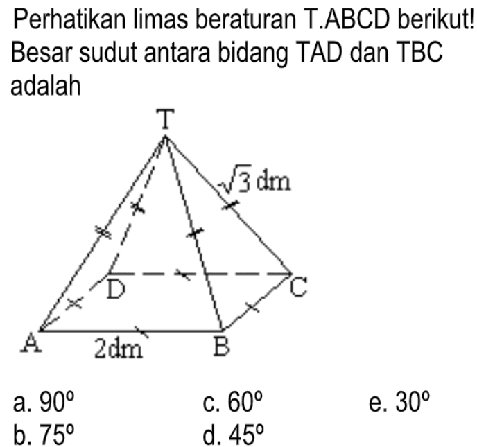 Perhatikan limas beraturan TABCD berikut! Besar sudut antara bidang TAD dan TBC adalah 2 dm A B C D T akar(3) dm