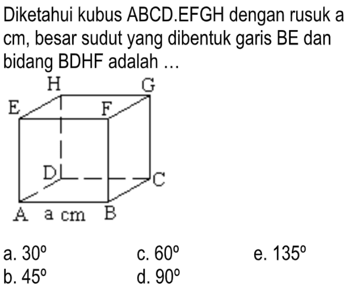 Diketahui kubus ABCD.EFGH dengan rusuk a cm, besar sudut yang dibentuk garis BE dan bidang BDHF adalah ... H G E F D C A a cm B