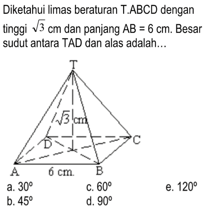 Diketahui limas beraturan T.ABCD dengan tinggi akar(3) cm dan panjang AB=6 cm. Besar sudut antara TAD dan alas adalah ...