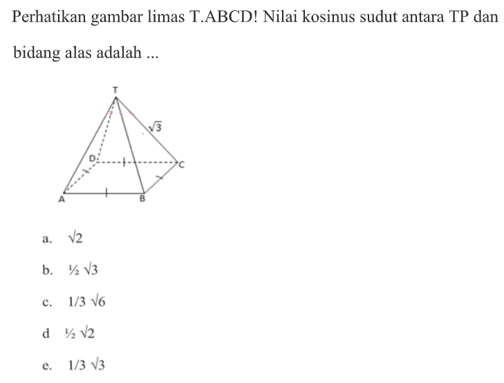 Perhatikan gambar limas T.ABCD! Nilai kosinus sudut antara TP dan bidang alas adalah