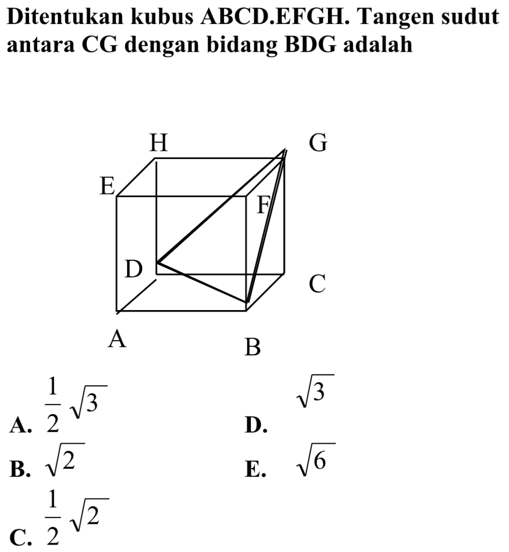 Ditentukan kubus ABCD.EFGH. Tangen sudut antara CG dengan bidang BDG adalah ...