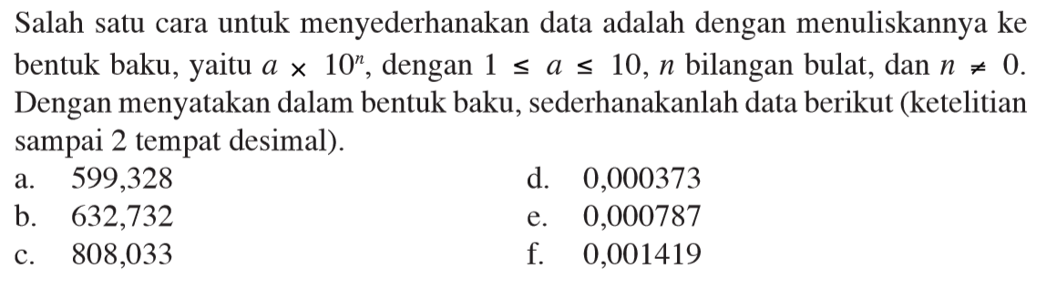 Salah satu cara untuk menyederhanakan data adalah dengan menuliskannya ke bentuk baku, yaitu a x 10^n, dengan 1 <= a <= 10, n bilangan bulat, dan n =/= 0. Dengan menyatakan dalam bentuk baku, sederhanakanlah data berikut (ketelitian sampai 2 tempat desimal).
a. 599,328
d. 0,000373
b. 632,732
e. 0,000787
c. 808,033
f. 0,001419