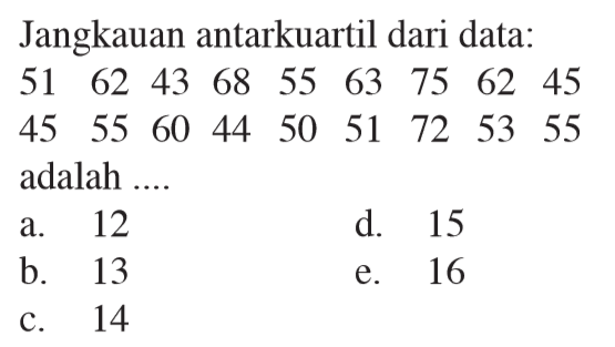 Jangkauan antarkuartil dari data: 51 62 43 68 55 63 75 62 45 55 60 45 44 50 51 72 53 55 adalah