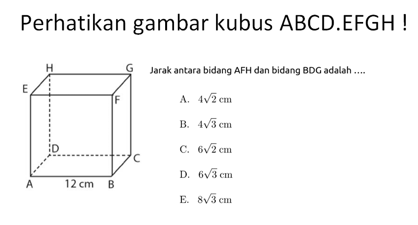 Perhatikan gambar kubus ABCD.EFGH Jarak antara bidang AFH dan bidang BDG adalah A B C D E F G H 12 cm