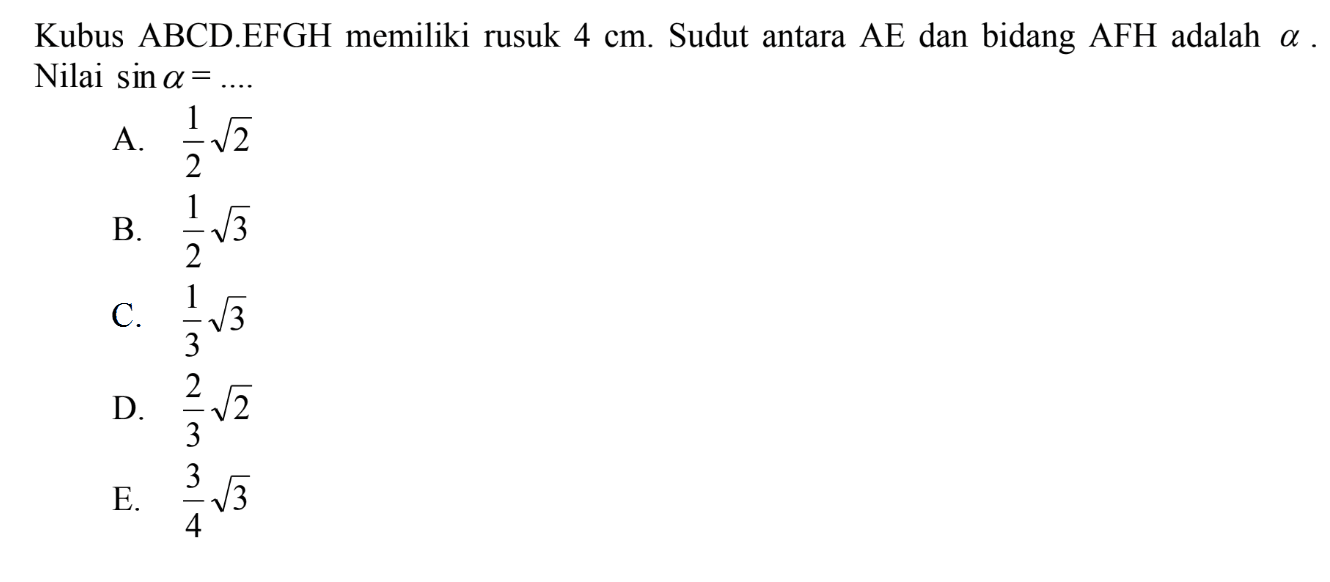 Kubus ABCD.EFGH memiliki rusuk 4 cm. Sudut antara AE dan bidang AFH adalah a. Nilai sin a= ....