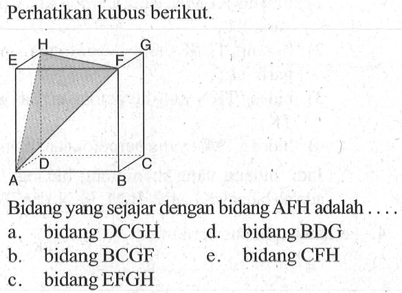 Perhatikan kubus berikut. A B C D E F G H Bidang yang sejajar dengan bidang AFH adalah ....