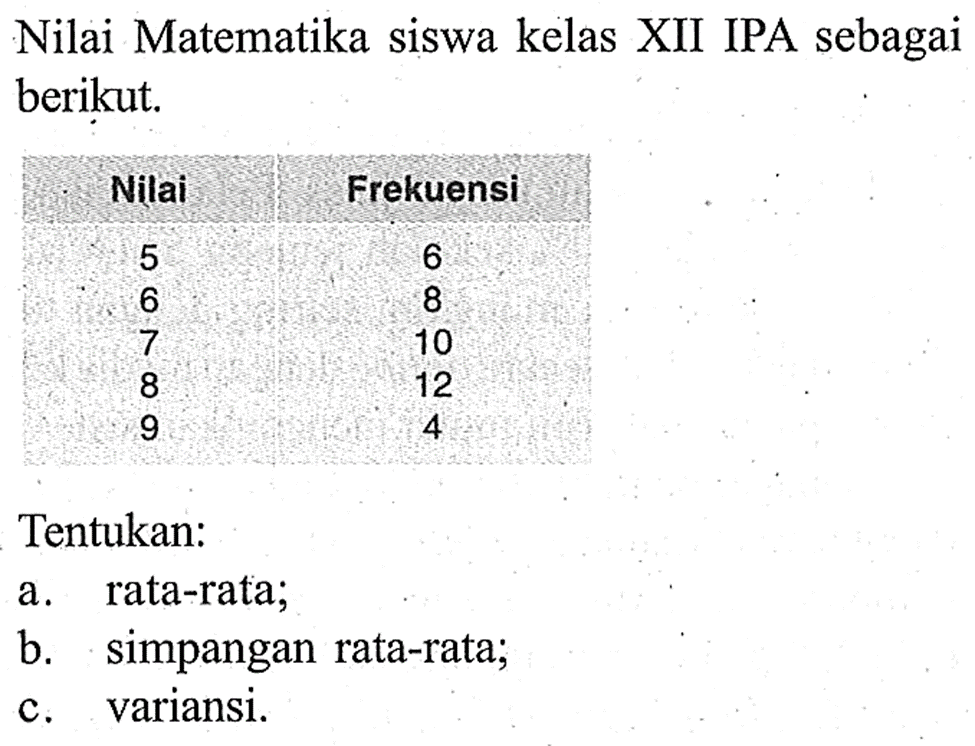 Nilai Matematika siswa kelas XII IPA sebagai berikut. Nilai Frekuensi 5 6 6 8 7 10 8 12 9 4 Tentukan: a. rata-rata; b. simpangan rata-rata; c. variansi.