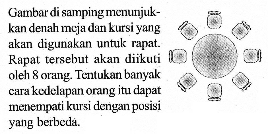 Gambar di samping menunjukkan denah meja dan kursi yang akan digunakan untuk rapat. Rapat tersebut akan diikuti oleh 8 orang. Tentukan banyak cara kedelapan orang itu dapat menempati kursi dengan posisi yang berbeda.