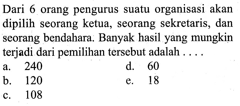 Dari 6 orang pengurus suatu organisasi akan dipilih seorang ketua, seorang sekretaris, dan seorang bendahara. Banyak hasil yang mungkin terjadi dari pemilihan tersebut adalah ...