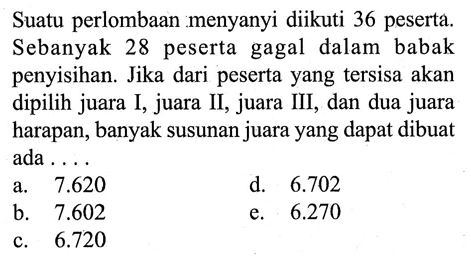 Suatu perlombaan menyanyi diikuti 36 pesertá. Sebanyak 28 peserta gagal dalam babak penyisihan. Jika dari peserta yang tersisa akan dipilih juara I, juara II, juara III, dan dua juara harapan, banyak susunan juara yang dapat dibuat ada ...