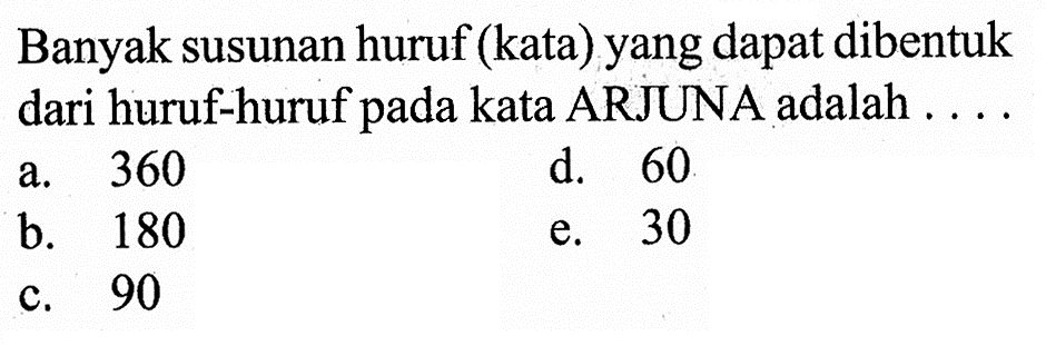 Banyak susunan huruf (kata) yang dapat dibentuk dari huruf-huruf pada kata ARJUNA adalah . . . .