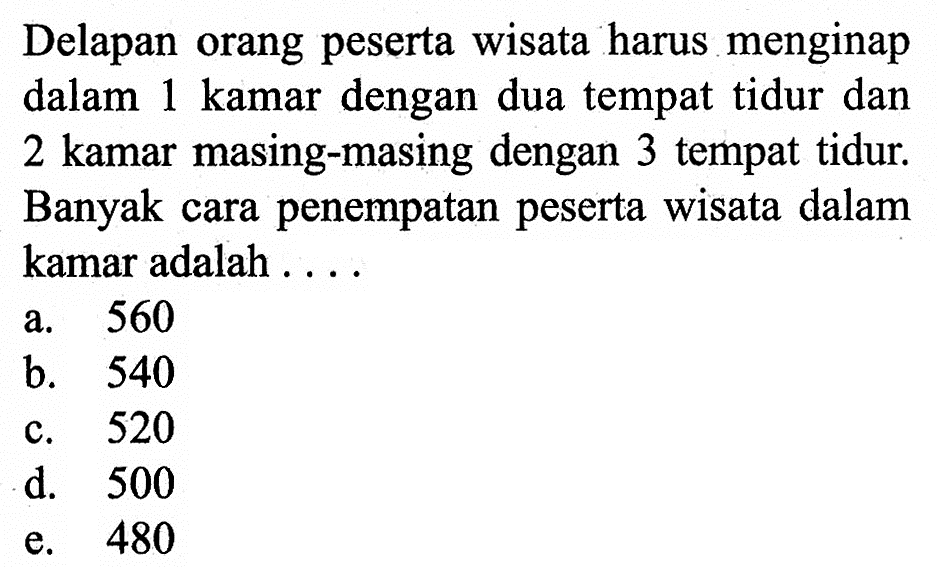Delapan orang peserta wisata harus menginap dalam 1 kamar dengan dua tempat tidur dan 2 kamar masing-masing dengan 3 tempat tidur. Banyak cara penempatan peserta wisata dalam kamar adalah ....