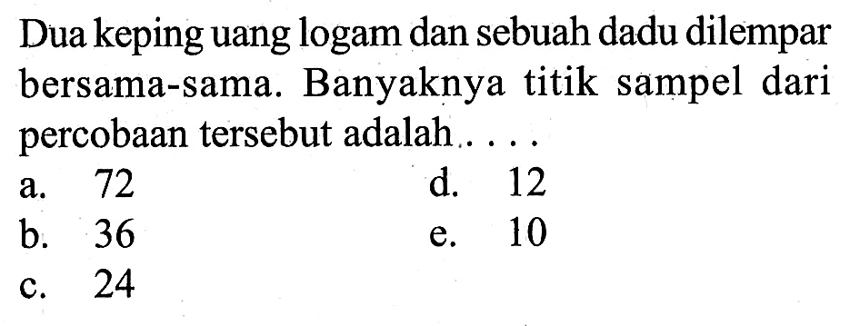 Dua keping uang logam dan sebuah dadu dilempar bersama-sama. Banyaknya titik sampel dari percobaan tersebut adalah...