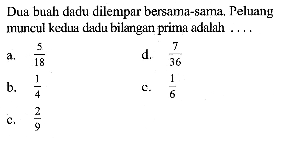 Dua buah dadu dilempar bersama-sama. Peluang muncul kedua dadu bilangan prima adalah ....