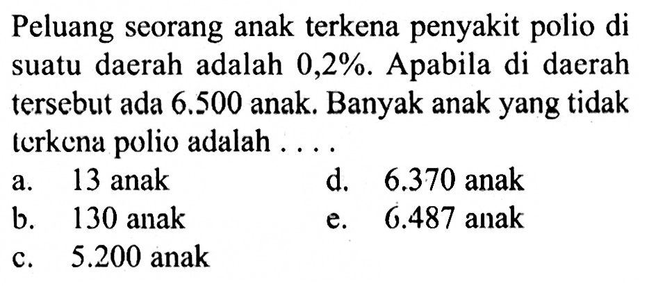 Peluang seorang anak terkena penyakit polio di suatu daerah adalah 0,2%. Apabila di daerah tersebut ada 6.500 anak. Banyak anak yang tidak terkena polio adalah ....