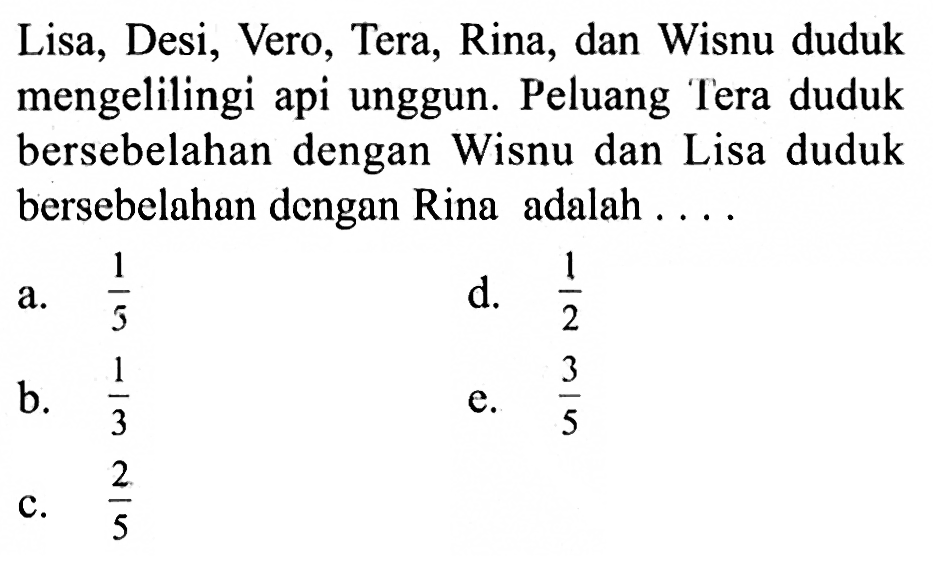 Lisa, Desi, Vero, Tera, Rina, dan Wisnu duduk mengelilingi api unggun. Peluang Tera duduk bersebelahan dengan Wisnu dan Lisa duduk bersebelahan dengan Rina adalah ....