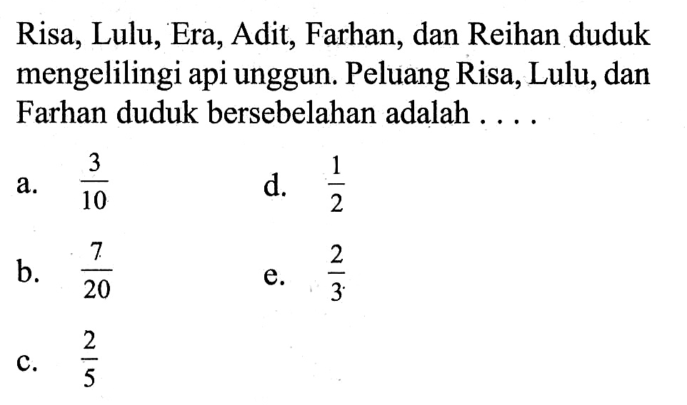 Risa, Lulu, Era, Adit, Farhan, dan Reihan duduk mengelilingi api unggun. Peluang Risa, Lulu, dan Farhan duduk bersebelahan adalah ....
