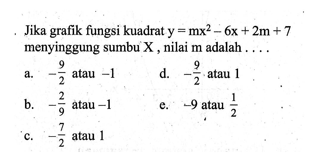 Jika grafik fungsi kuadrat y=mx^2-6x+2m+7 menyinggung sumbu X, nilai m adalah....