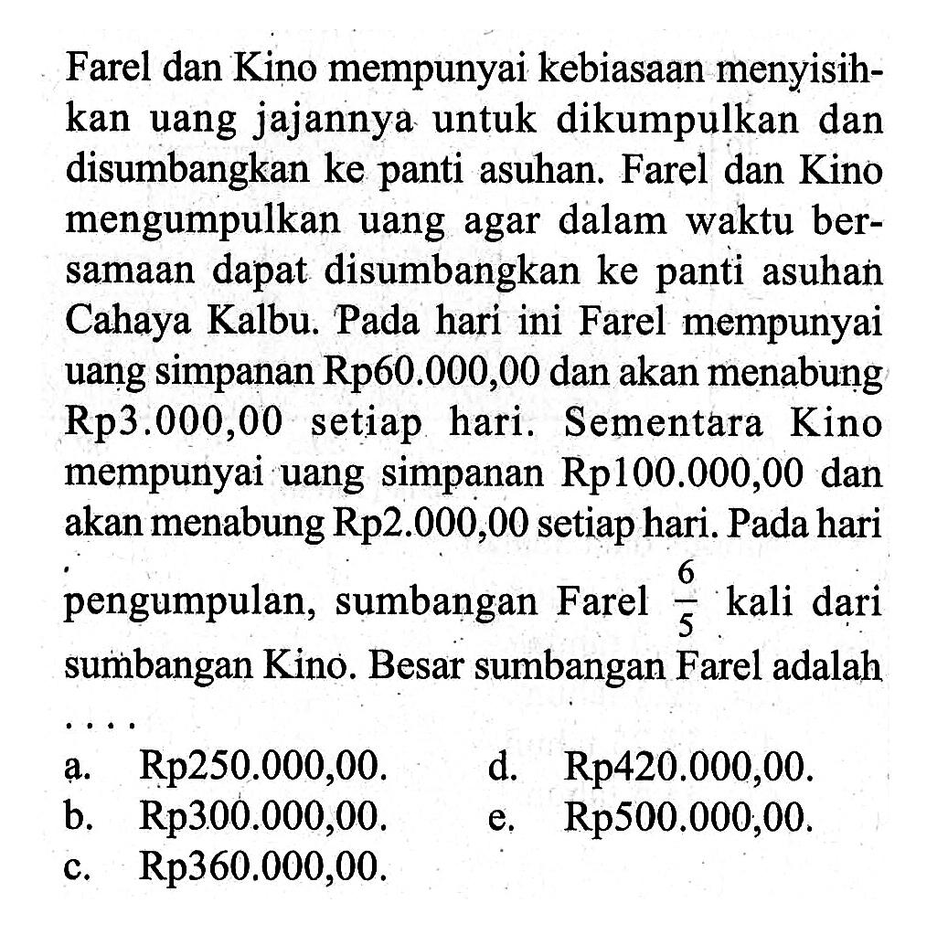 Farel dan Kino mempunyai kebiasaan menyisihkan uang jajannya untuk dikumpulkan dan disumbangkan ke panti asuhan. Farel dan Kino mengumpulkan uang agar dalam waktu bersamaan dapat disumbangkan ke panti asuhan Cahaya Kalbu. Pada hari ini Farel mempunyai uang simpanan Rp60.000,00 dan akan menabung  Rp 3.000,00  setiap hari. Sementara Kino mempunyai uang simpanan Rp100.000,00 dan akan menabung Rp2.000,00 setiap hari. Pada hari pengumpulan, sumbangan Farel  (6/5)  kali dari sumbangan Kino. Besar sumbangan Farel adalah  .s 