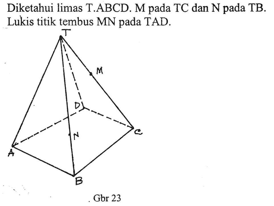 Diketahui limas T.ABCD. M pada TC dan N pada TB. Lukis titik tembus MN pada TAD. T M D C N A B Gbr 23