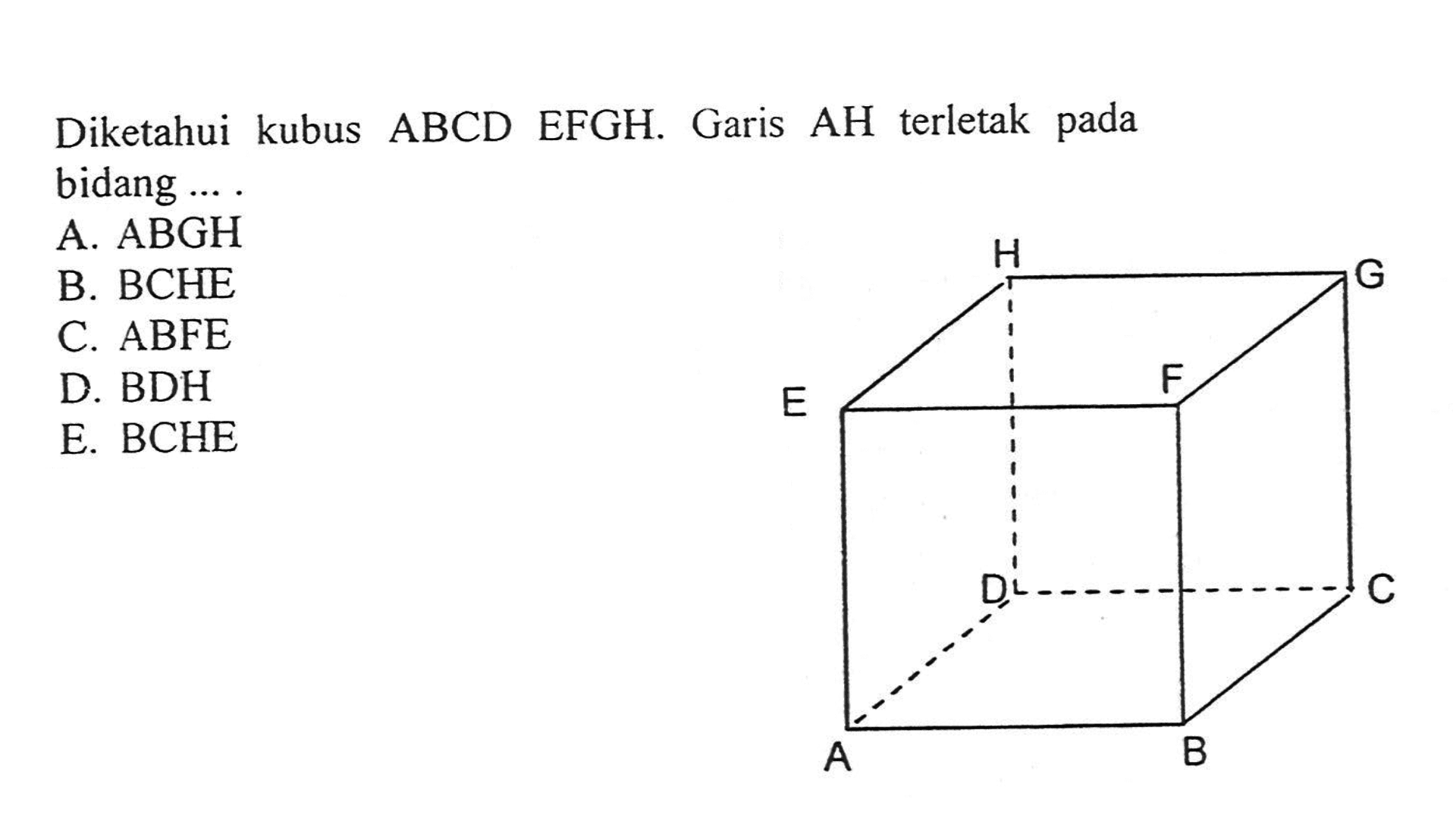 Diketahui kubus ABCD EFGH. Garis AH terletak pada bidang ....