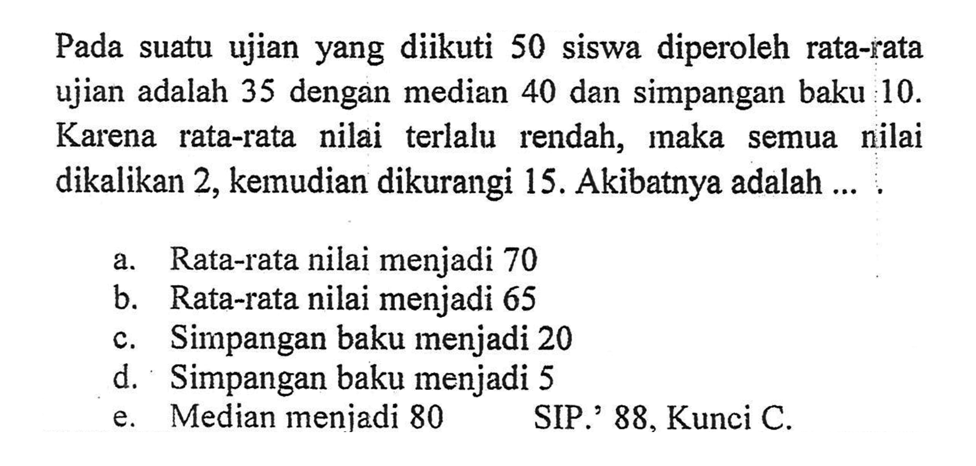 Pada suatu ujian yang diikuti 50 siswa diperoleh rata-rata ujian adalah 35 dengan median 40 dan simpangan baku 10. Karena rata-rata nilai terlalu rendah, maka nilai semua dikalikan 2, kemudian dikurangi 15. Akibatnya adalah ...