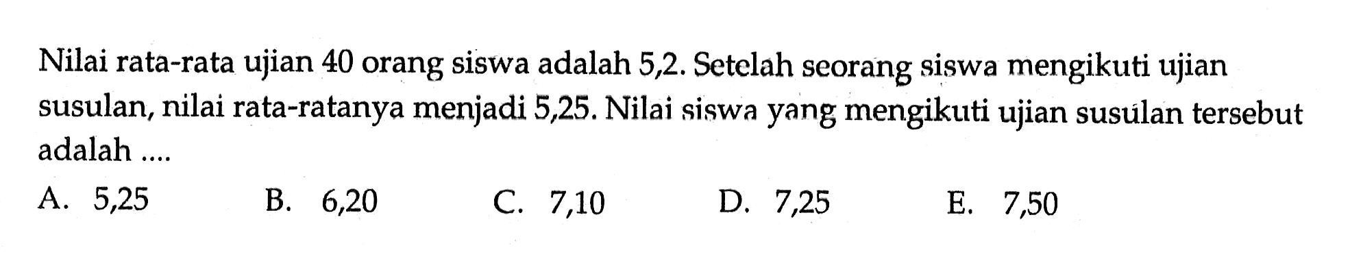 Nilai rata-rata ujian 40 orang Siswa adalah 5,2. Setclah seorang siswa mengikuti ujian susulan, nilai rata-ratanya menjadi 5,25.Nilai siswa yang mengikuti ujian susulan tersebut adalah