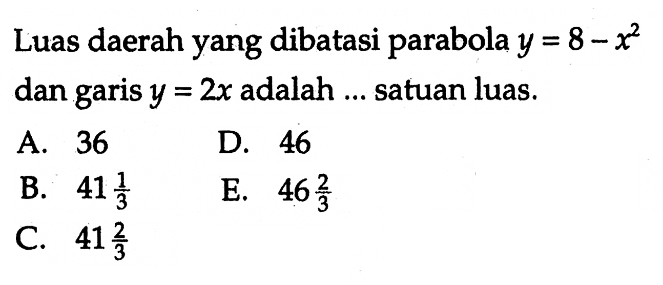 Luas daerah yang dibatasi parabola y=8-x^2 dan garis y=2x adalah ... satuan luas.