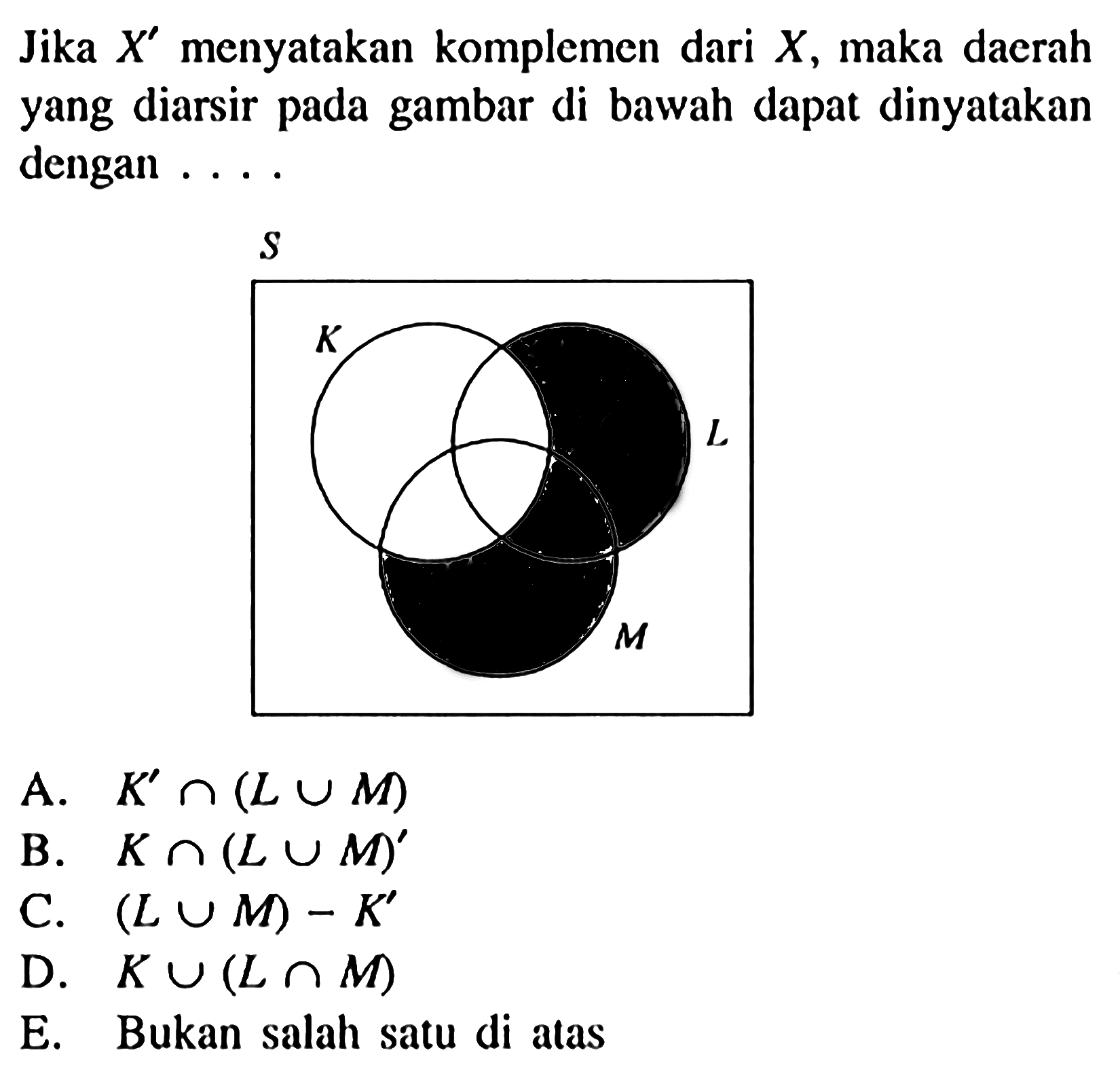 Jika X' menyatakan komplemen dari X, maka daerah yang diarsir pada gambar di bawah dapat dinyatakan dengan ....